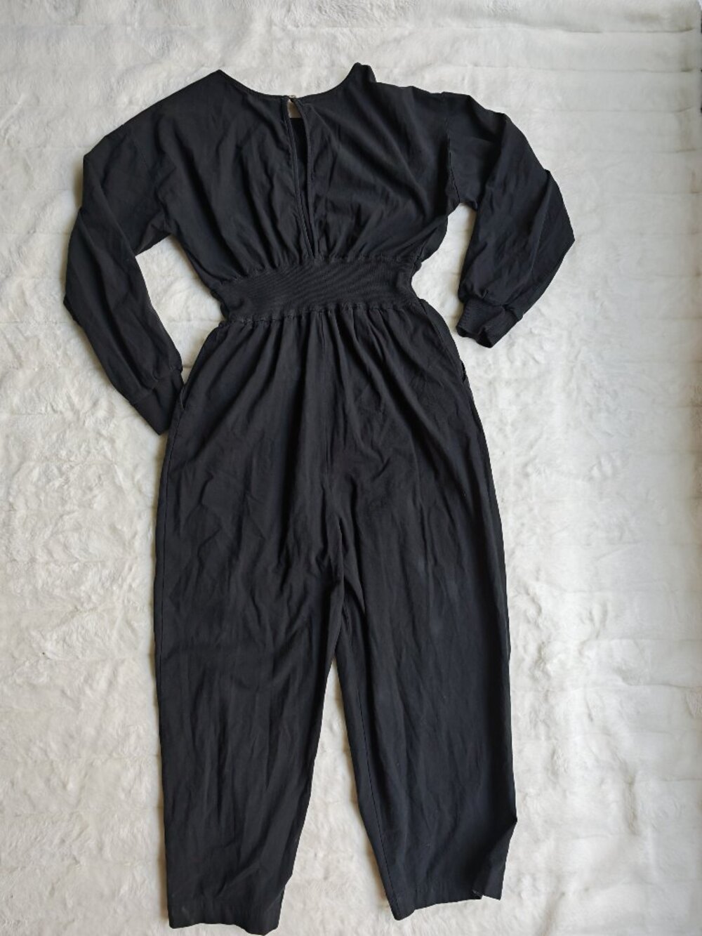 Free People Sonika Jumpsuit Black Balloon Sleeve Smocked Waist Size L - Picture 10 of 13